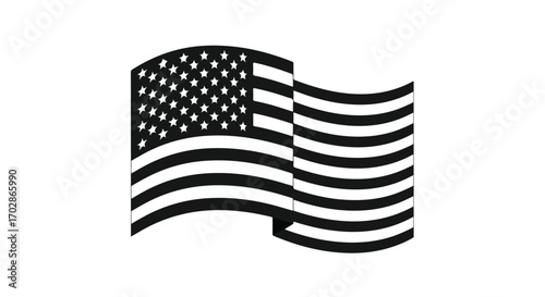 Monochrome depiction of an American flag waving gently in an illustration, showcasing stars and stripes in stark contrast against a white backdrop