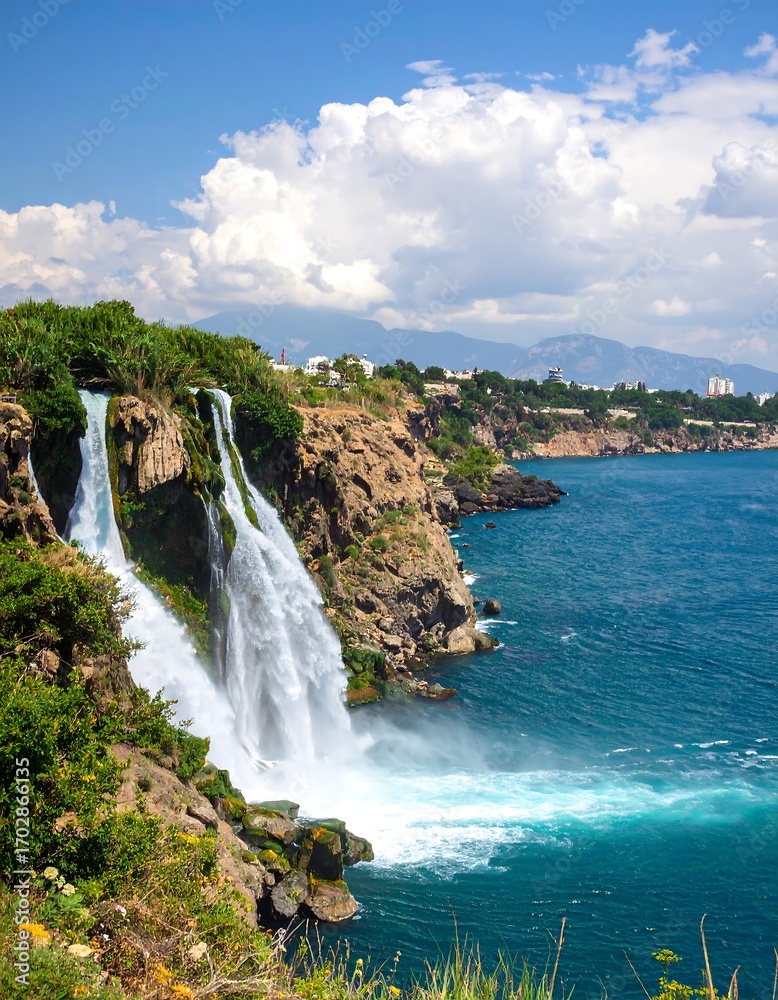 Obraz premium Waterfall cascading into the ocean