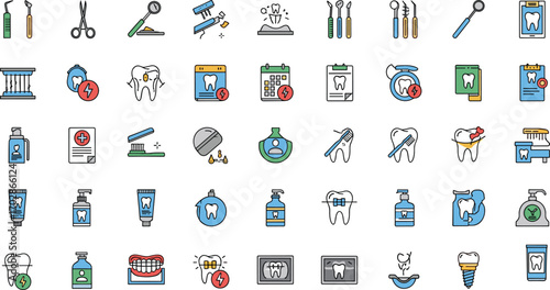 Dental icons set, dentistry tools, oral health, tooth care, dental hygiene, dentist equipment, treatment, prevention, medical symbols, orthodontics, clinic, healthcare, smile