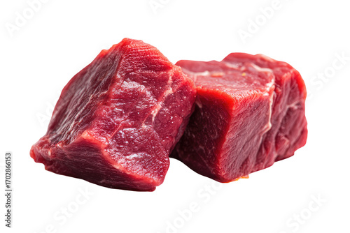 Two raw beef cubes, close-up.  Fresh, uncooked, meaty