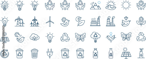 Eco icons set, sustainability symbols, renewable energy, recycling, green technology, environmental protection, solar power, wind energy, conservation, nature care, climate change, ecology