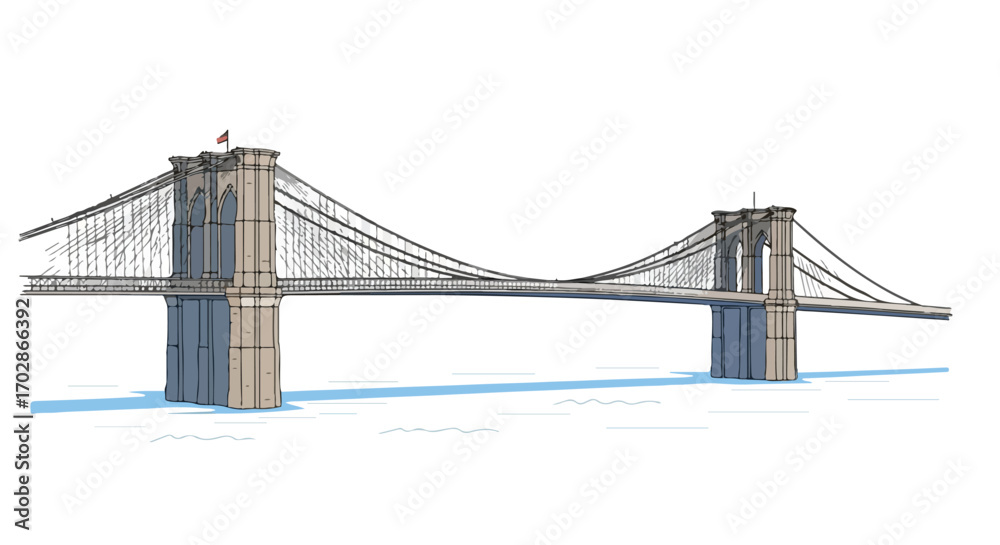 Fototapeta premium Hand-Drawn Brooklyn Bridge Illustration with Minimalist Water and Tower Details, Ideal for Design Element 84 characters