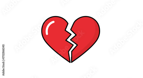 Vector image displaying a vibrant red broken heart with a distinct crack on white backdrop
