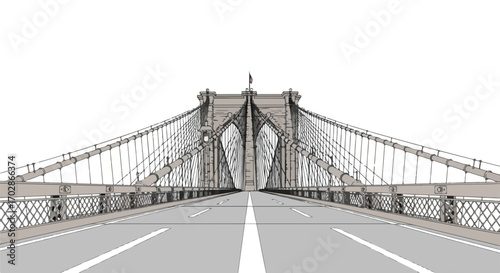 Architectural sketch of a suspension bridge, featuring linear perspective and geometric design elements against a bright background capturing