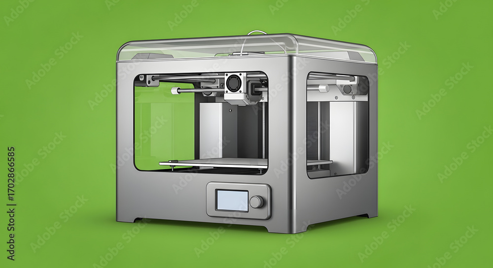 Fototapeta premium A silver 3D printer with a transparent top on a green background.