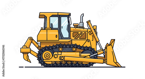 Detailed illustration of a bright yellow bulldozer,isolated on white,showing tracks, blade, and cabin elements, for construction work concept