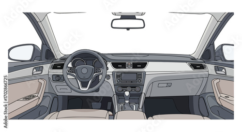 Detailed Interior Illustration of a Modern Car Dashboard Displaying Driving Technology