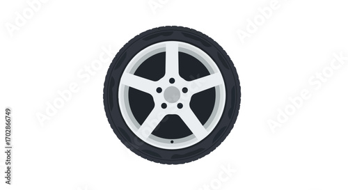 Sleek car tire and white rim with five spokes on a clean white background for automotive design inspiration