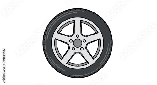 Illustration of a modern car wheel design showcasing its rubber tire and shiny silver rim showcasing its design aesthetic and automotive engineering