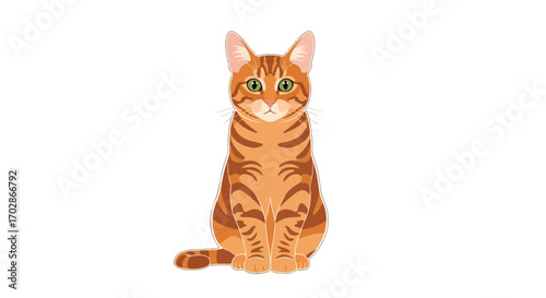 Illustrative ginger tabby cat sitting upright with striped fur pattern against clean backdrop, showcasing detailed feline design and isolated on a