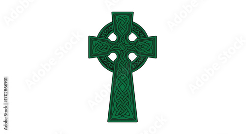 Stylized vector illustration of a green celtic cross on white background with intricate knotwork and religious symbol in a unique design