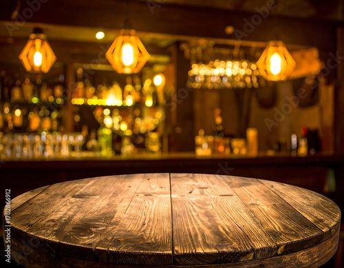 Rustic wooden bar table top, blurred pub background