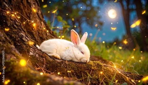White rabbit sleeps beneath tree, fairy lights twinkle, moon in sky, soft focus