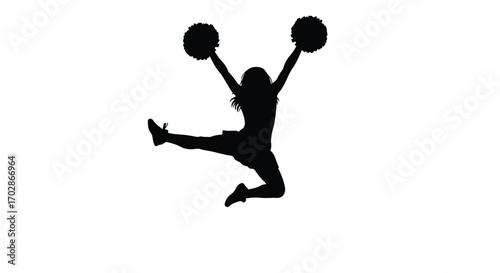 Silhouette of a spirited cheerleader in mid-air jump, wielding pom-poms with energy, a symbol of team spirit and athletic grace