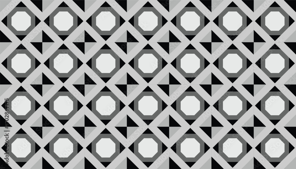 Fototapeta premium Seamless geometric pattern in grayscale featuring concentric circles and diagonal blocks, creating a modern abstract background