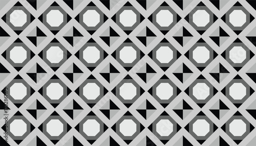 Seamless geometric pattern in grayscale featuring concentric circles and diagonal blocks, creating a modern abstract background