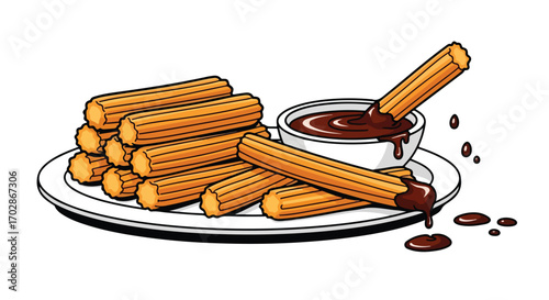 Cartoon illustration featuring a plate of golden brown churros served with a bowl of rich dark chocolate sauce