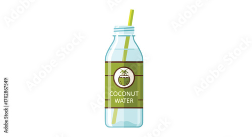 Refreshing coconut water illustration, packaged in a transparent bottle with green label, a healthy and hydrating tropical beverage ideal for summer