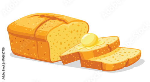 Illustration showcasing a loaf of sliced bread with melting butter, emphasizing baking skills and delicious homemade food depiction