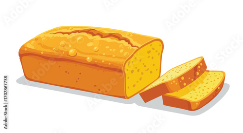 Vibrant vector depiction showcasing a moist pound cake with golden slices ready for serving