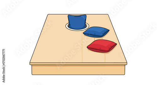 Illustration of a cornhole game board with blue and red beanbags placed on the wooden platform design illustration