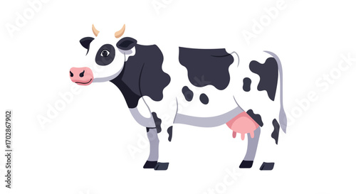 Playful Bovine: Stylized Cartoon Illustration of a Holstein Cow Character with Unique Markings Standing on a White Background