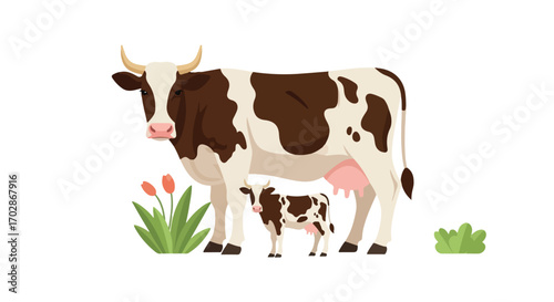 Illustration of a mother cow standing protectively over her calf in a serene pasture setting with flowers offering a heartwarming scene of maternal