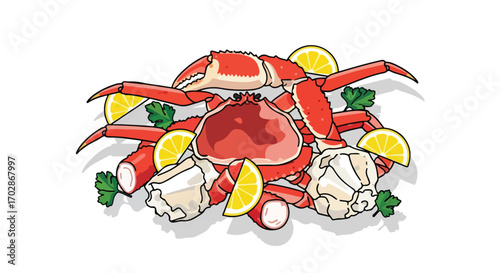 Delicious crab legs seafood culinary delight with zesty lemon slices presentation drawing art vector graphic on white background illustration