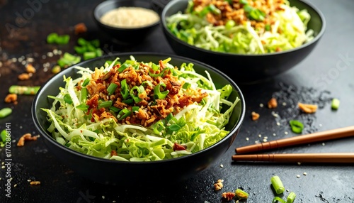 Two bowls of shredded cabbage salad with savory topping