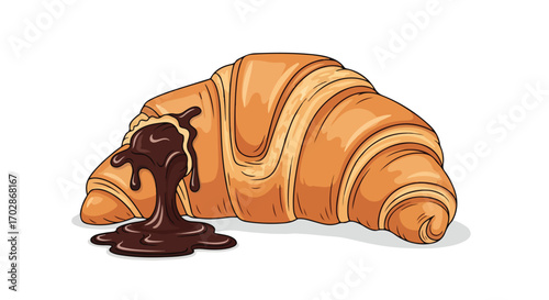 Captivating Croissant with Chocolate Drizzle: An Artistic Rendition of Sweet Indulgence Isolated Against White