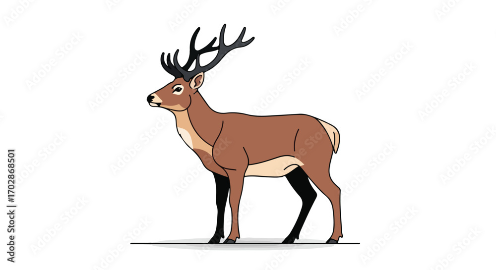 Fototapeta premium Elegant illustration of a majestic stag with prominent antlers, standing gracefully against a stark white backdrop in a side view perspective