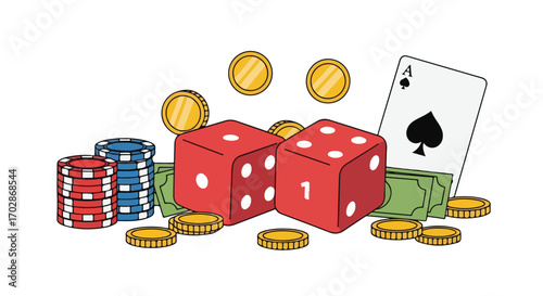 Digital Illustration of Gambling Elements: Dice, Ace, Chips and Currency for Casino Themed Design Projects