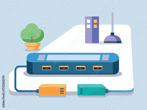 Modern blue usb hub connecting devices for enhanced digital connectivity and workspace organization