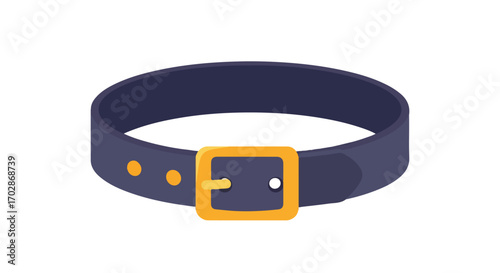 Stylized vector graphic of a purple pet collar with bright yellow buckle and holes, isolated on a white background for general purpose