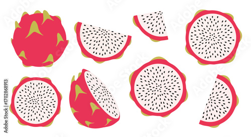 Vibrant dragon fruit composition showcasing whole and sliced fruits with white backgrounds displaying bold color contrasts evoking tropical