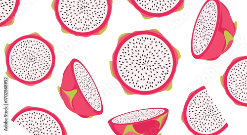 Vibrant Dragon Fruit Pattern with Fresh Pink and Green Accents: Seamless Tropical Exotic Fruit Background Wallpaper Fresh Pink and Green Accents
