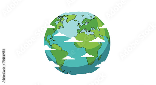 Stylized depiction of planet earth, complete with illustrative continental masses and ethereal cloud formations, embodying ecological harmony and