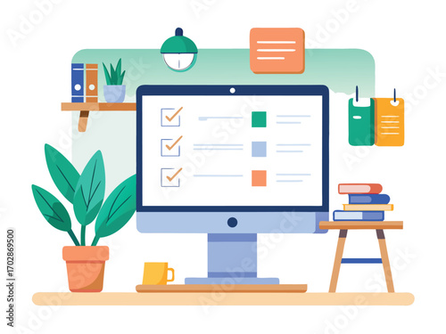 Modern home office setup with computer desk plants and shelves creating a productive workspace