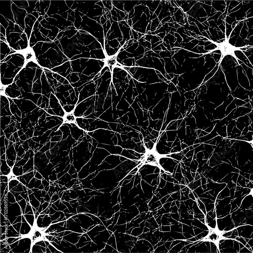 Neuron network neural cells biology science brain dendrites axons nervous system medical research abstract white on black