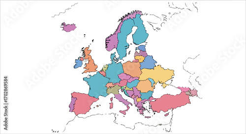 Colorful depiction of the European continent showcasing boundaries and countries represented through simplified design and artistic styling