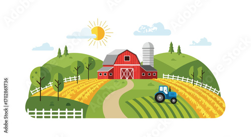 Illustration of a vibrant countryside landscape with a red barn, fields, and a blue tractor representing agriculture and rural life