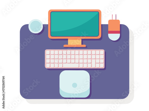 Ergonomic desk setup flat design computer keyboard mouse cup and usb drive top view
