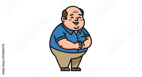 Cartoon illustration of a friendly middle-aged man with a cheerful expression and a confident pose standing against a plain background