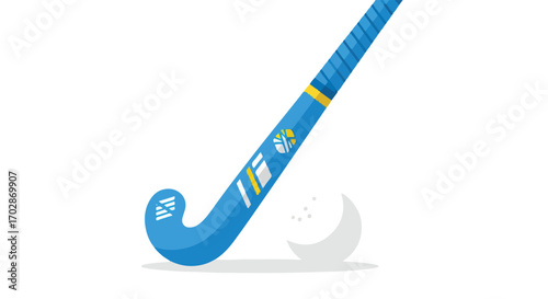 Isolated field hockey stick and ball illustration showcases a vibrant blue design on a crisp white background for sporting visuals