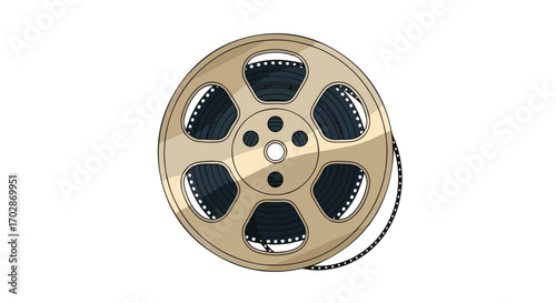 Illustrative rendering of a classic film reel highlighting motion picture nostalgia and vintage cinema equipment