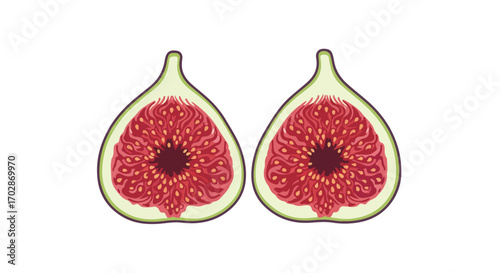 A pair of fig halves showcasing their luscious interiors with intricate textures and vibrant color palettes presented on a clean backdrop