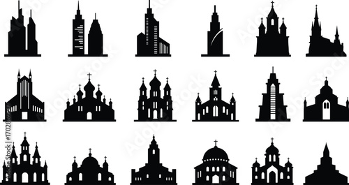 Church and modern building silhouettes, religious and urban architecture icons, skyline vector set, black landmark symbols, cityscape, cathedral, skyscraper design, editable illustrations