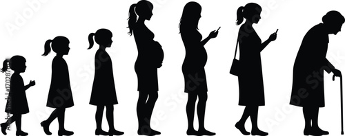 Stages of woman life cycle, silhouette progression, female growth phases, childhood to old age, pregnancy stages, aging process, woman development timeline, life evolution concept.