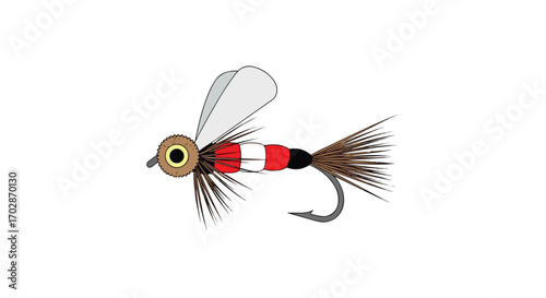 Detailed artistic rendition of a traditional fishing fly lure with distinct red white and black segments providing visual appeal and angling allure