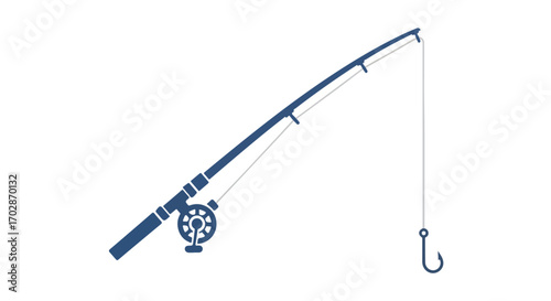 Isolated minimalistic graphic illustration of a fishing rod with reel and hook against a plain backdrop evokes the serenity of angling